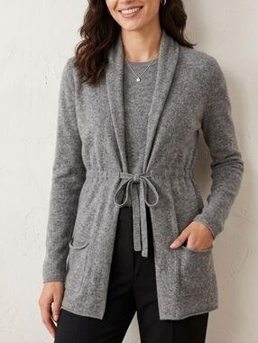 Vince Cashmere Sweater Open Front Drawstring Cardigan - Gray - Small